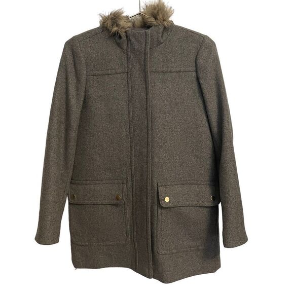 J. Crew Mercantile Vail Parka Hooded Fur Trim Dark Gray Wool Blend Coat New - Picture 2 of 9
